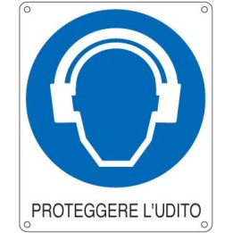 Cartello segnaletica obbligo PROTEGGERE L'UDITO in alluminio mis. 11,5x14 cm