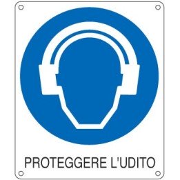Cartello segnaletica obbligo PROTEGGERE L'UDITO in alluminio mis. 11,5x14 cm