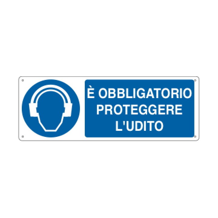 Cartello segnaletica obbligo PROTEGGERE L'UDITO in alluminio mis. 35x12,5 cm
