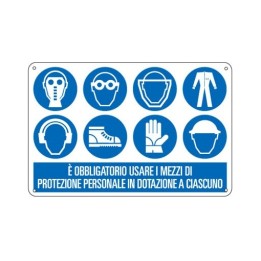 Cartello segnaletica obbligo USARE MEZZI DI PROTEZION in alluminio mis. 50x33 cm