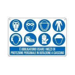 Cartello segnaletica obbligo USARE MEZZI DI PROTEZION in alluminio mis. 50x33 cm