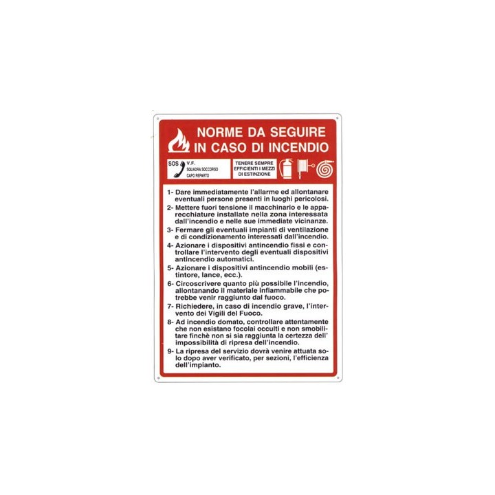 Cartello segnaletica sicurezza NORME IN CASO DI INCENDIO in alluminio mis. 23x31 cm